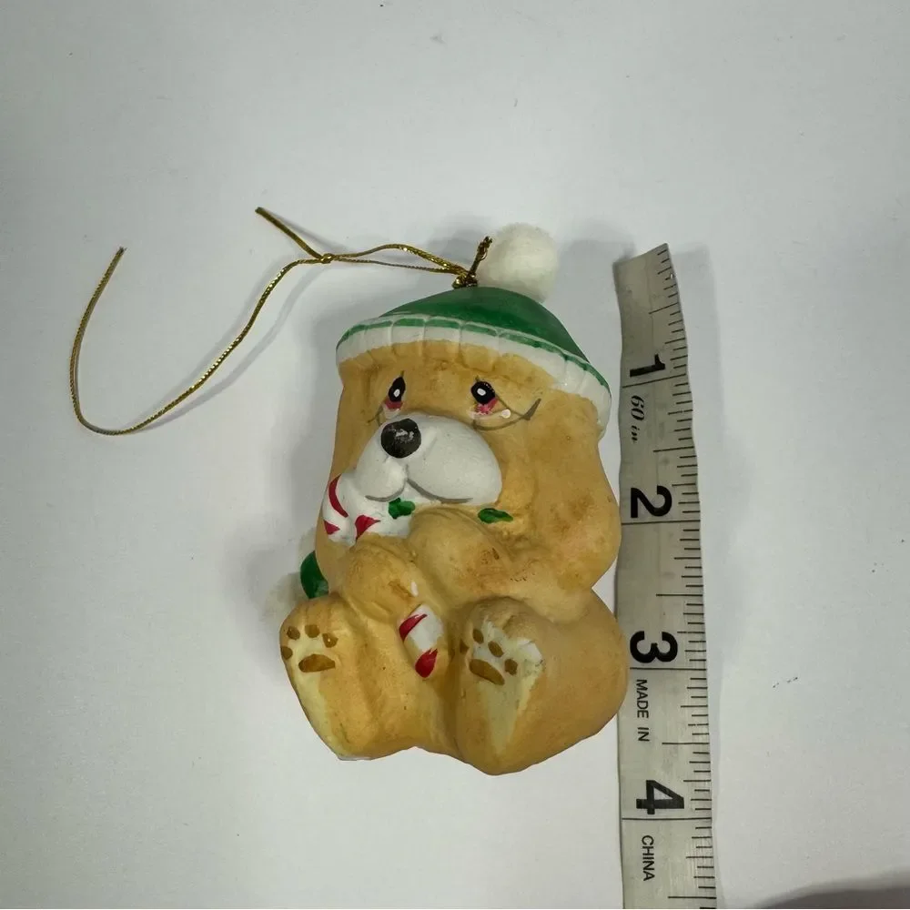Vintage Happy Bear Bell Christmas Ornaments Dog Green Santa Hat Porcelain